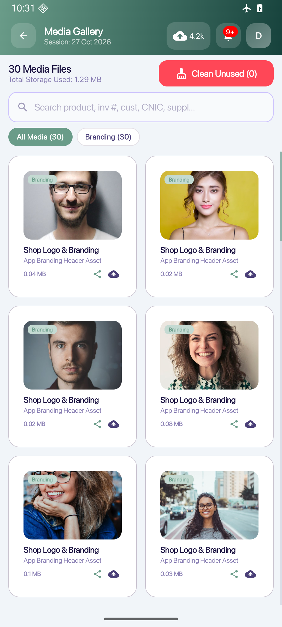ShopFlow POS media gallery on Android, fictional demonstration records